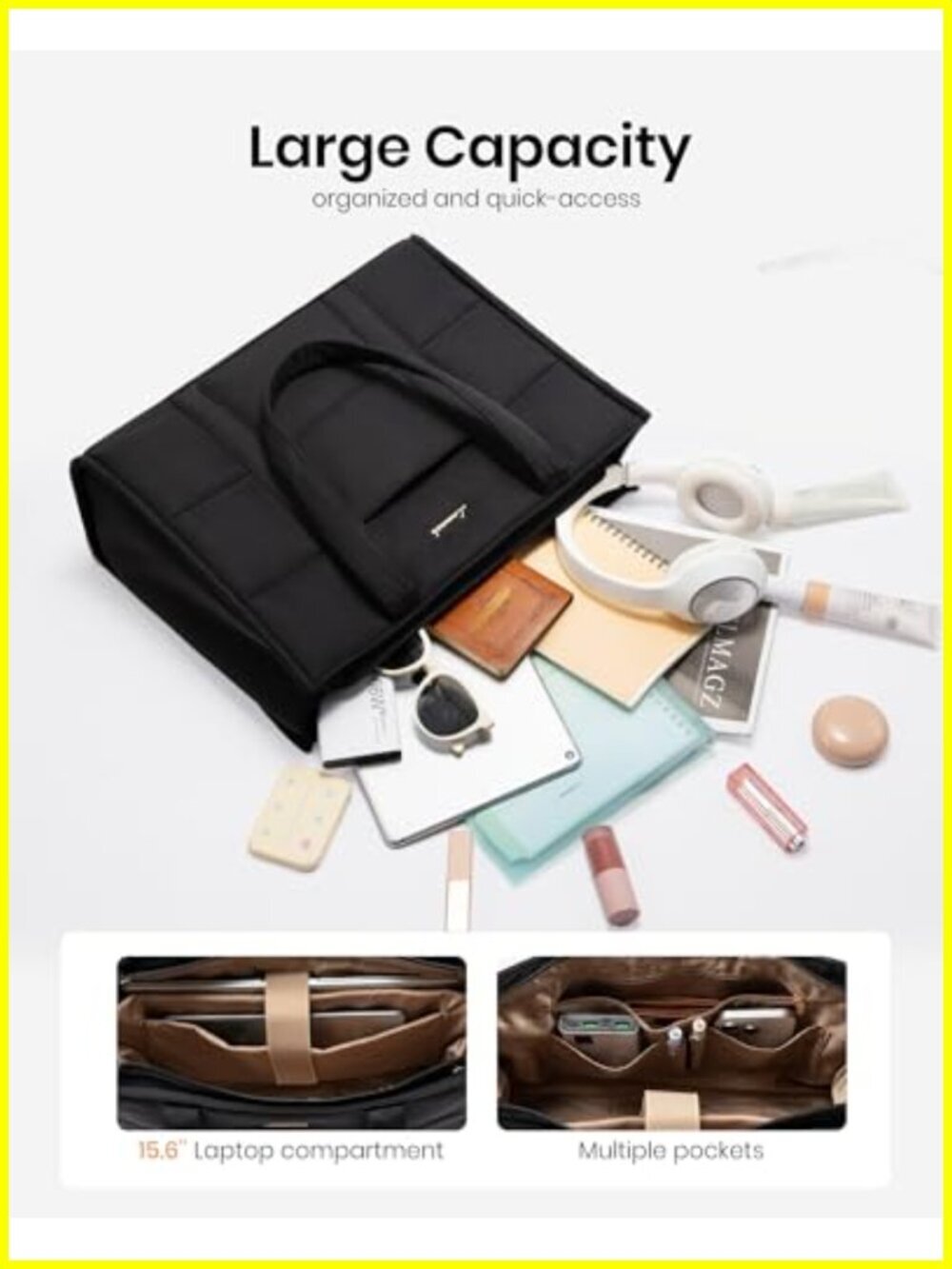 Puffer Laptop Tote Bag 15.6 Inch Lightweight Work Bag with Padded Compartment - Picture 3 of 5